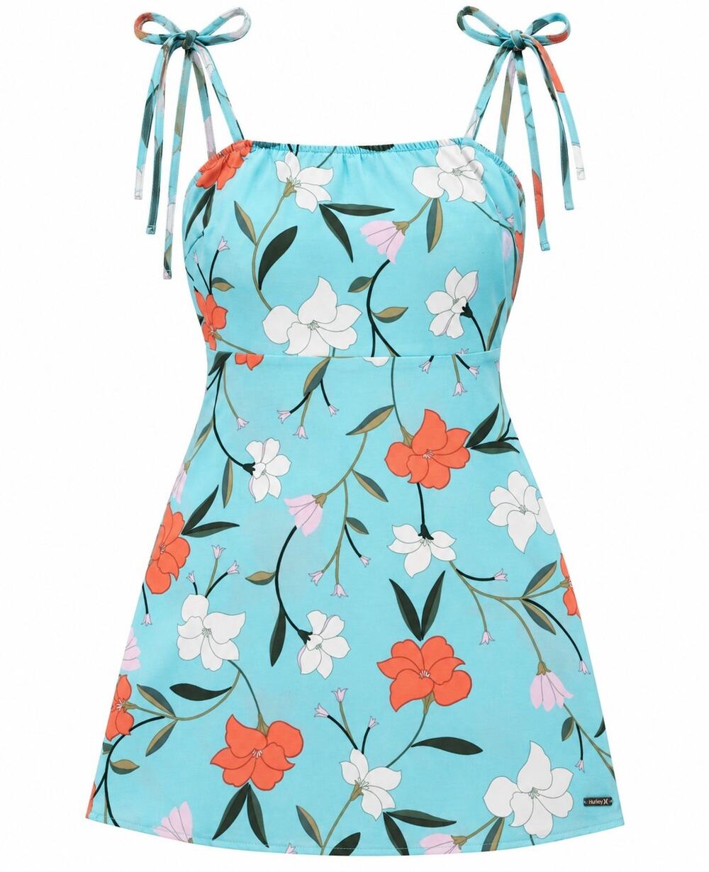 Hurley Women’s Floral Mini Dress Size M Blue Coral Smocked Back Tie Strap